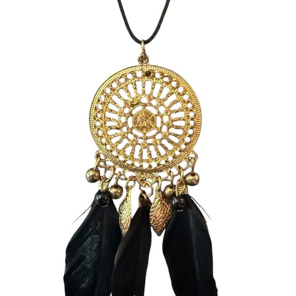 Black Feather Yellow Crystal Boho Gold Dreamcatcher Necklace - Picture 5 of 5